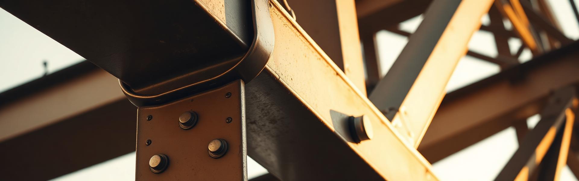 Close-up of a structural steel beam connection at golden hour
